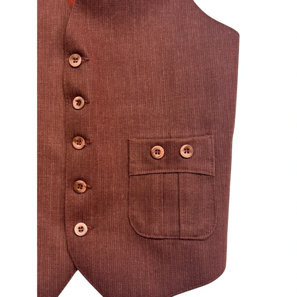 vtg 70s Rust Brown 36R Slim Suit‎ Vest Waistcoat Retro Disco Mens Cotton Blend